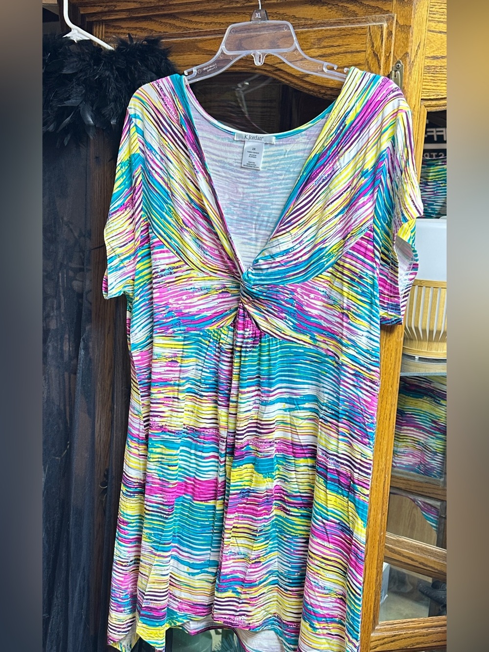 K Jordan Multicolor Twist-Front Swim Coverup — Teal, Pink, Yellow
